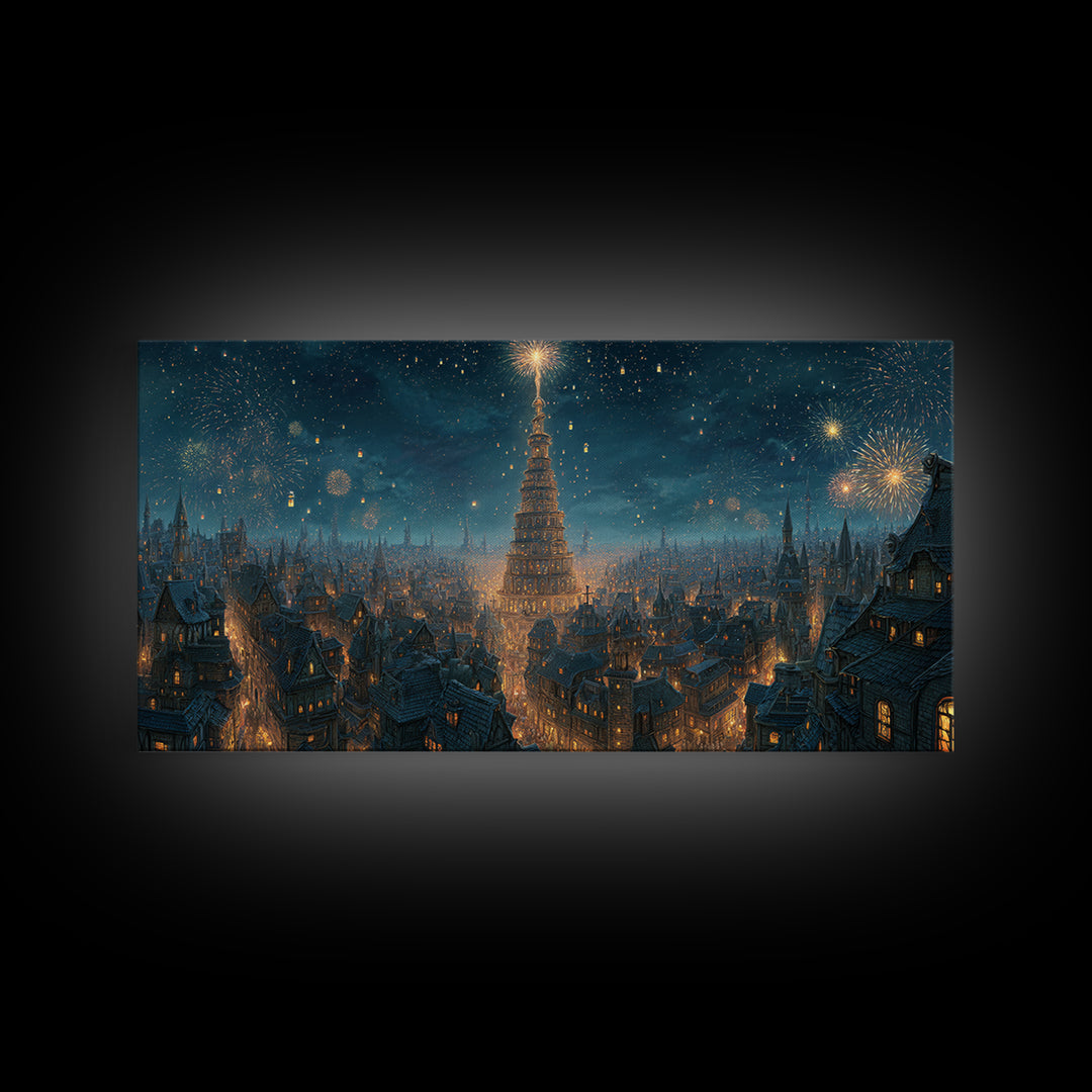 Starry Winter City With Towering Yule Tree Framed Canvas Print, Fantasy Wall Art, Holiday Decor, Magical Christmas Wall Decor Gift