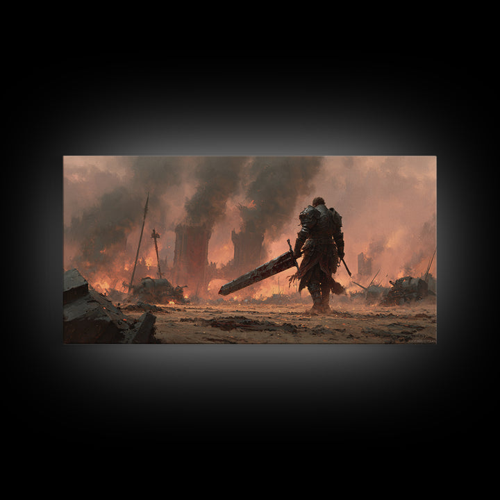 Armored Warrior With Giant Sword In Burning Ruins Canvas Print, Dark Fantasy Wall Art, Medieval Game Room Decor Gift For Him
