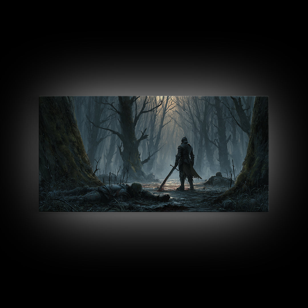 Lone Knight In Haunted Swamp Forest Wall Art, Dark Fantasy Canvas Print, Gothic Decor, Moody Medieval Home Decor Gift For Him