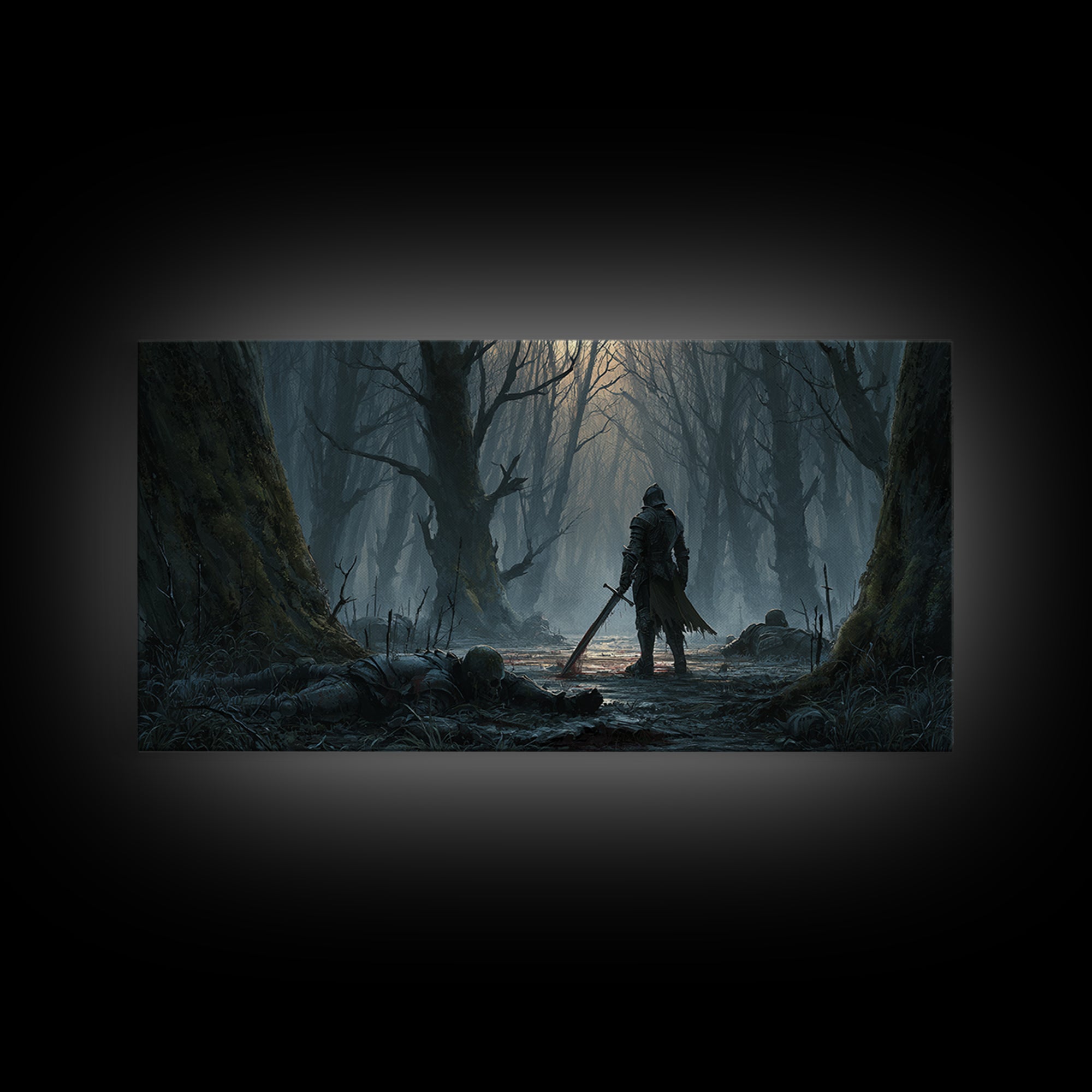 Lone Knight In Haunted Swamp Forest Wall Art, Dark Fantasy Canvas Print, Gothic Decor, Moody Medieval Home Decor Gift For Him