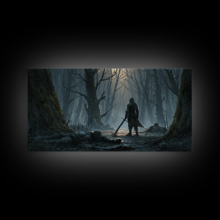 Lone Knight In Haunted Swamp Forest Wall Art, Dark Fantasy Canvas Print, Gothic Decor, Moody Medieval Home Decor Gift For Him