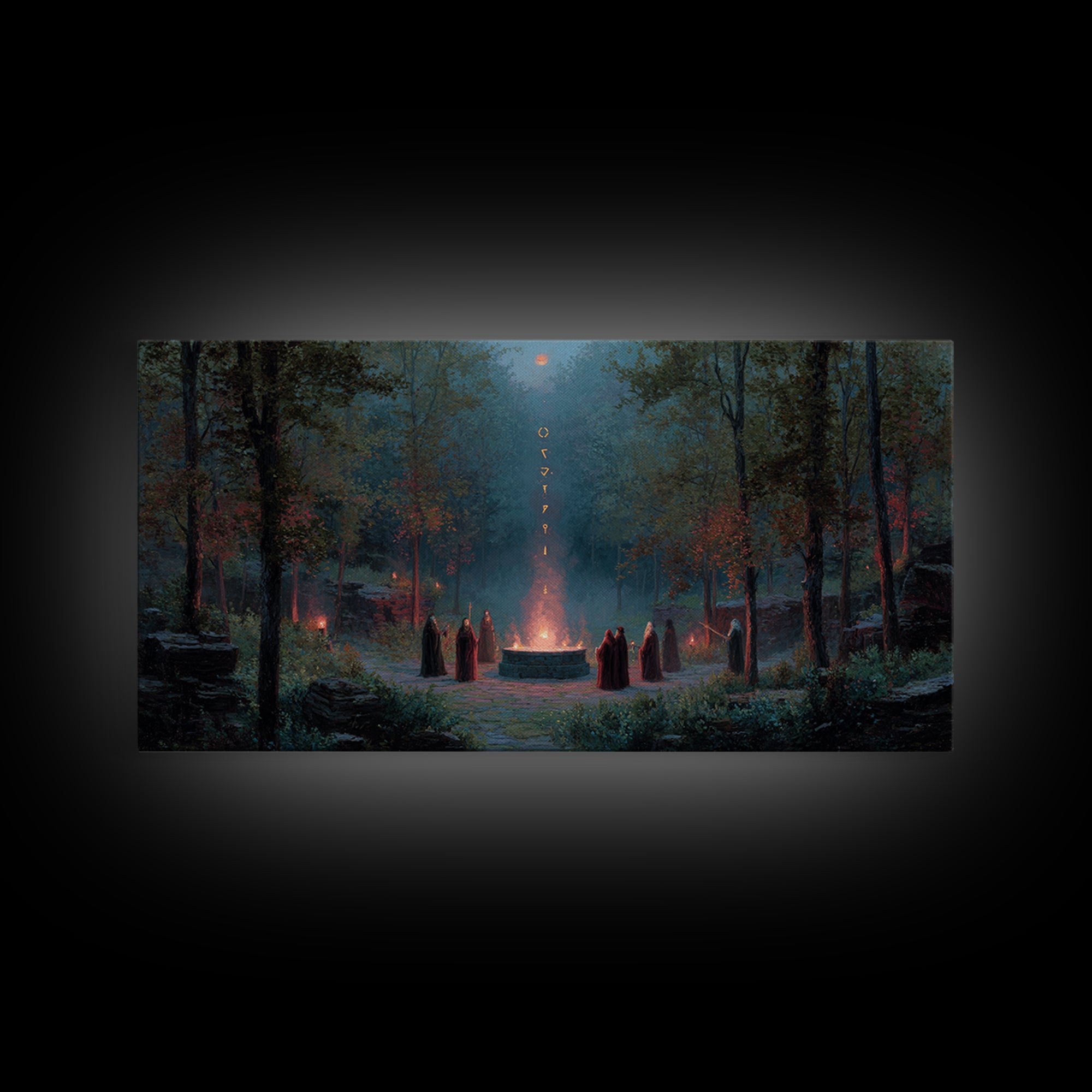 Hooded Druids Around Moonlit Forest Altar Wall Art, Dark Fantasy Canvas Print, Gothic Witchy Decor, Mystical Home Decor Gift