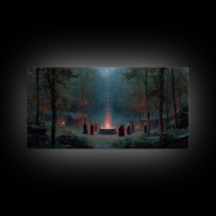 Hooded Druids Around Moonlit Forest Altar Wall Art, Dark Fantasy Canvas Print, Gothic Witchy Decor, Mystical Home Decor Gift