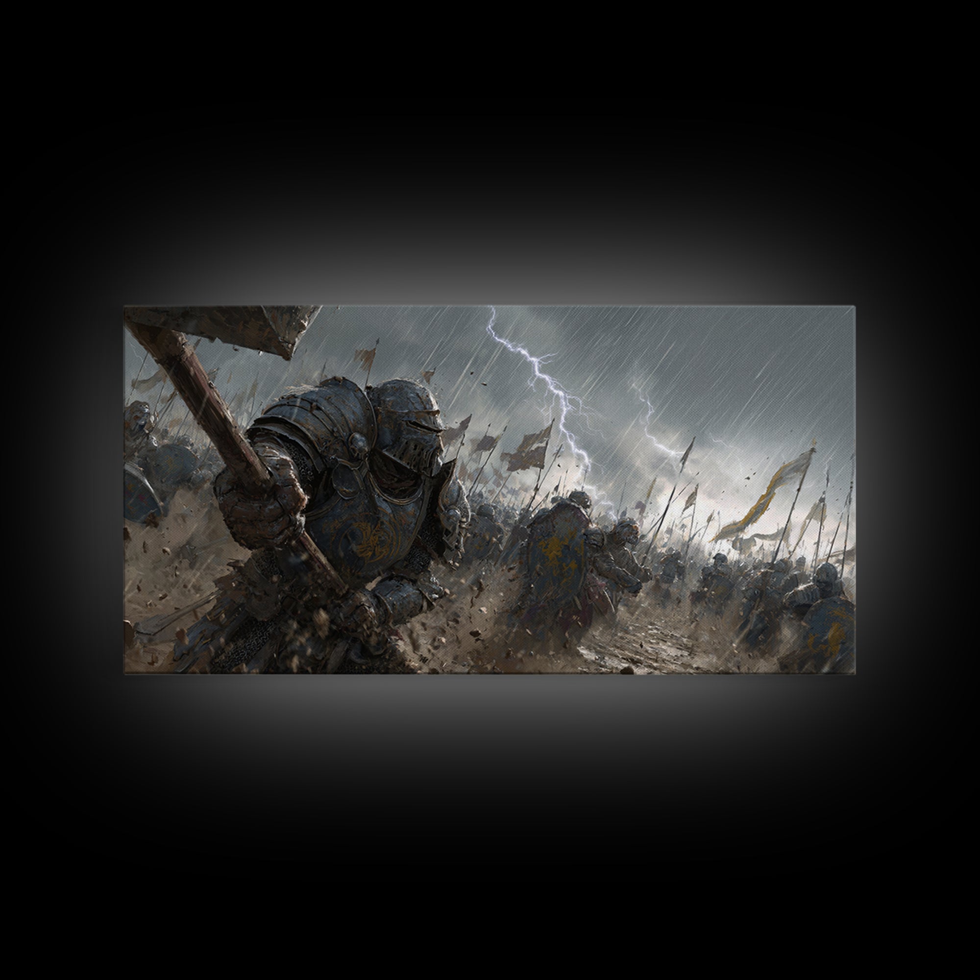 Knights In Rainy Lightning Battlefield Canvas Print, Medieval Fantasy Wall Art, Epic Dark War Decor, Game Room Gift For Him