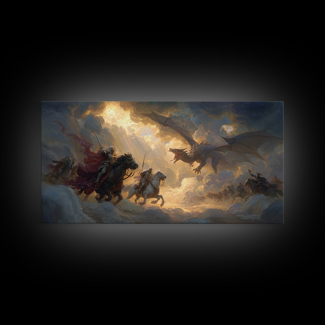 Knights Charging Toward Dragon In Stormy Sky Canvas Print, Epic Fantasy Wall Art For Gamer Room And Medieval Home Decor Gift