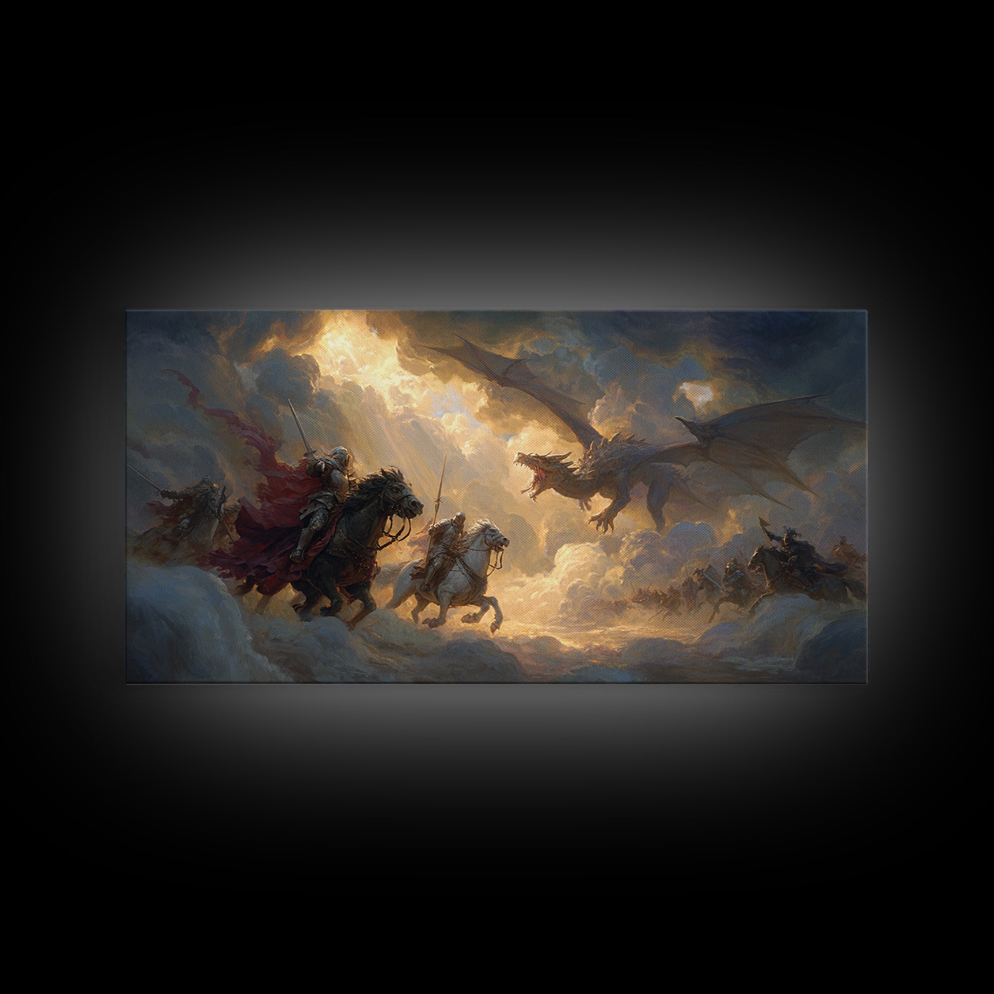 Knights Charging Toward Dragon In Stormy Sky Canvas Print, Epic Fantasy Wall Art For Gamer Room And Medieval Home Decor Gift