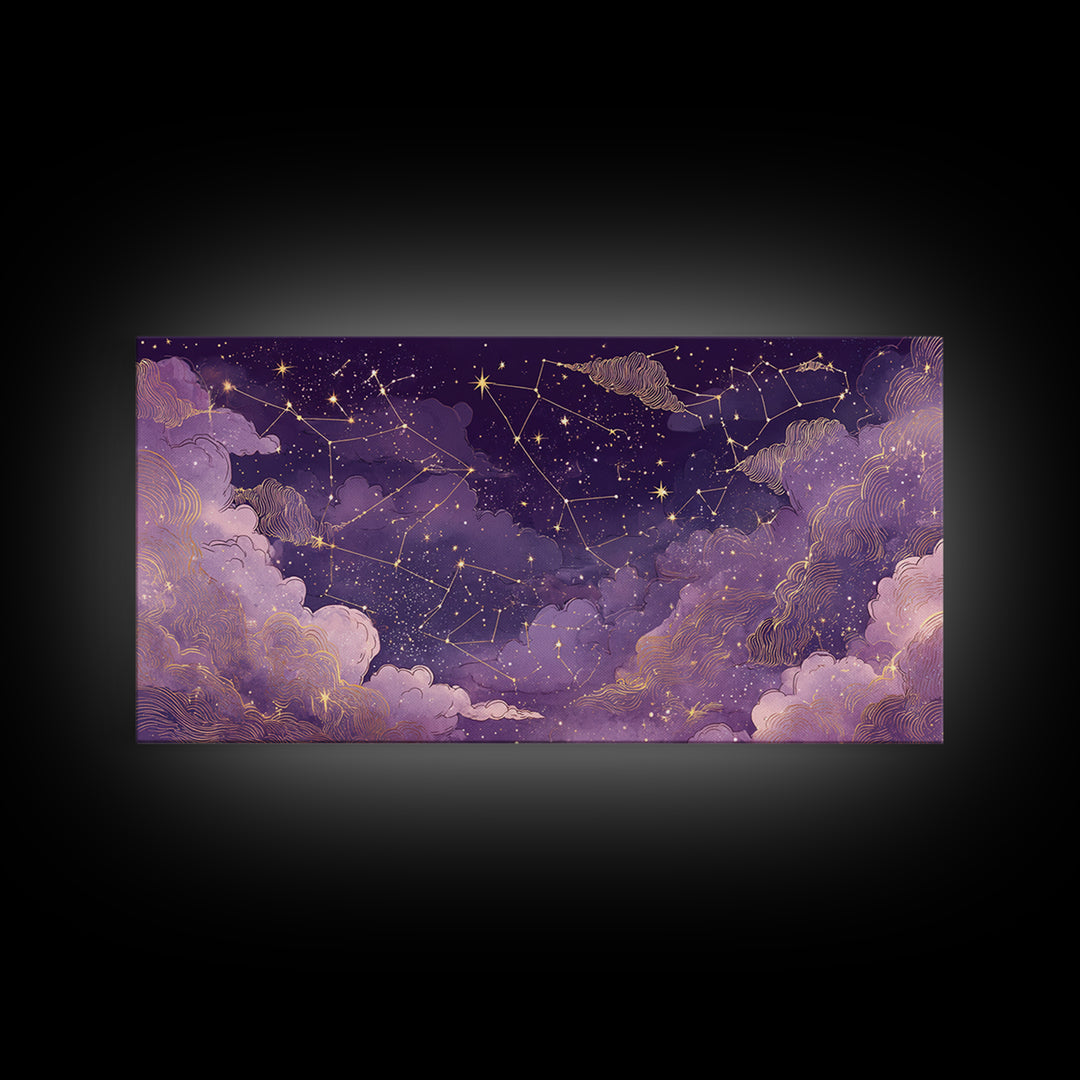 Purple Zodiac Constellation Night Sky Wall Art, Celestial Canvas Print, Astrology Wall Decor, Mystical Bedroom Decor, Gift For Her