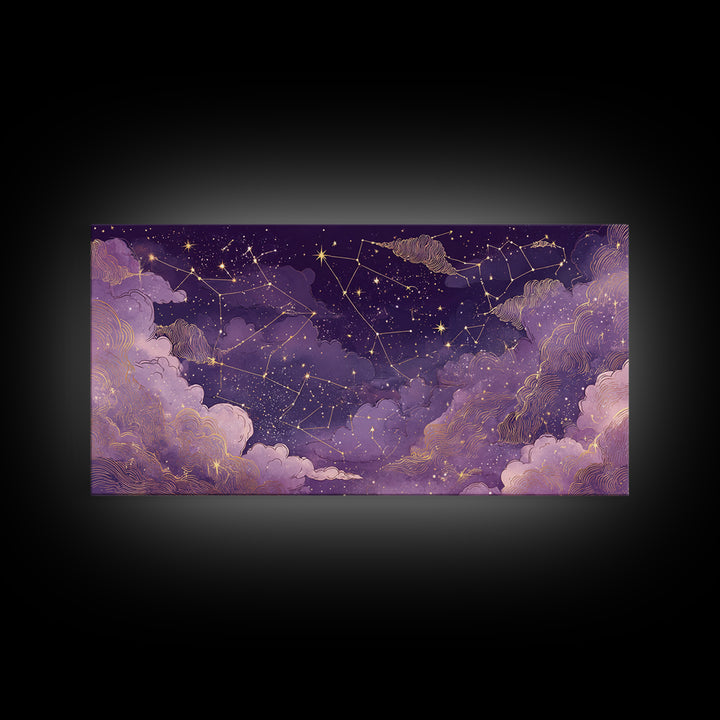 Purple Zodiac Constellation Night Sky Wall Art, Celestial Canvas Print, Astrology Wall Decor, Mystical Bedroom Decor, Gift For Her