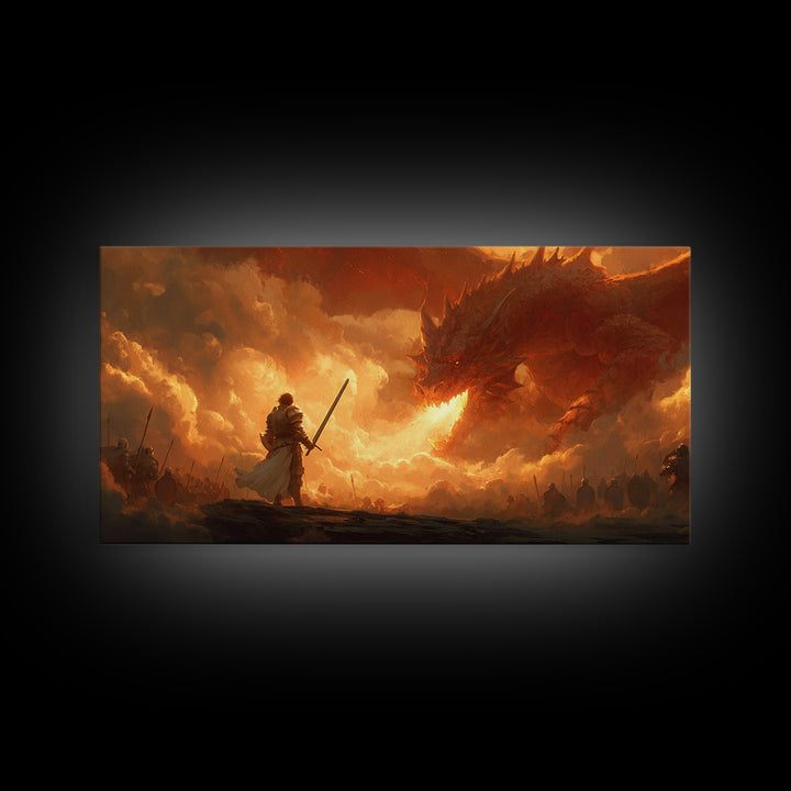 Lone Swordsman Facing Fire Dragon Wall Art, Dark Fantasy Canvas Print For Medieval Decor, Gamer Room, And Unique Gift For Him