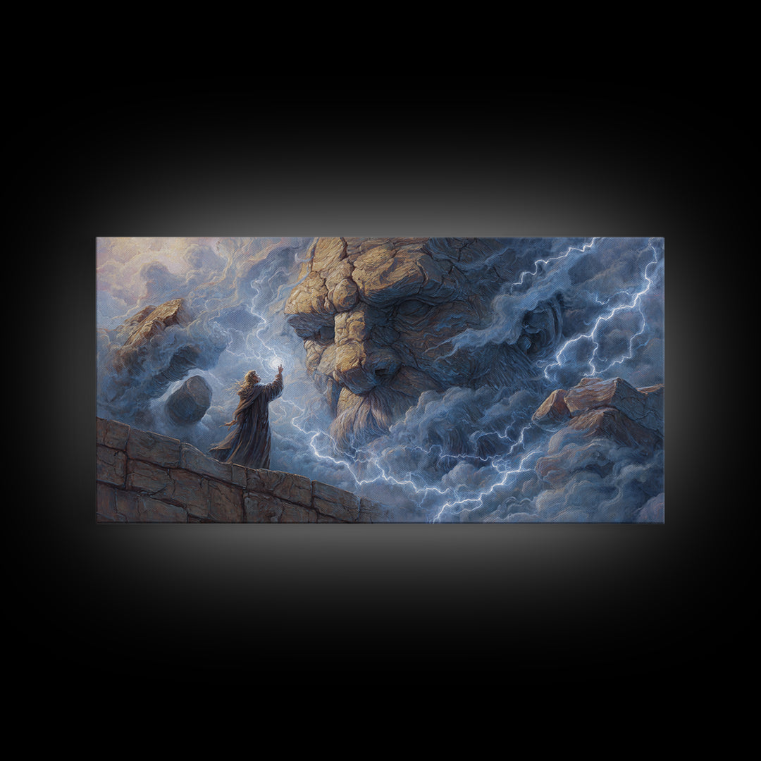 Storm Wizard Summoning Stone Giant Wall Art, Lightning Fantasy Canvas Print For Dark Academia Decor And Dnd Gamer Gift Idea