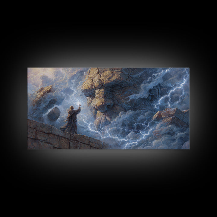Storm Wizard Summoning Stone Giant Wall Art, Lightning Fantasy Canvas Print For Dark Academia Decor And Dnd Gamer Gift Idea
