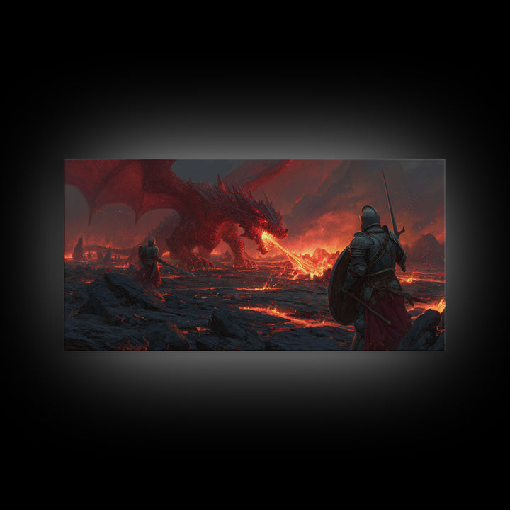 Armored Knights Facing Lava Dragon Canvas Print, Dark Fantasy Wall Art For Medieval Gaming Room And Dramatic Home Decor Gift