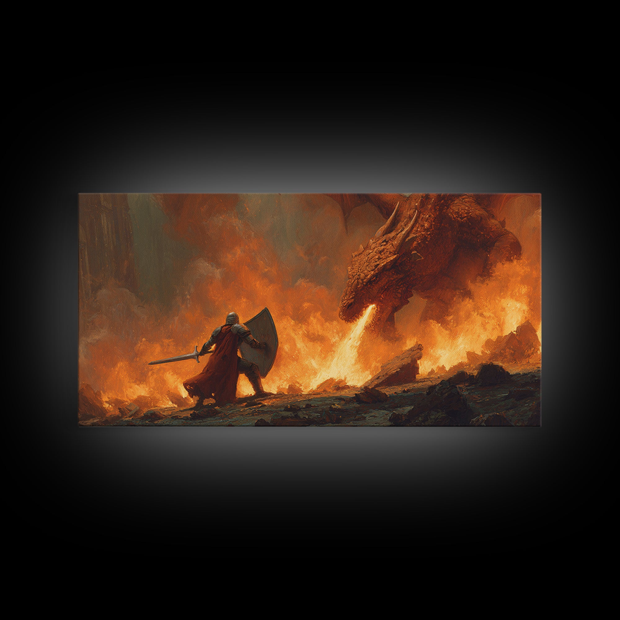 Knight With Shield Against Fire Dragon Wall Art, Epic Fantasy Canvas Print For Medieval Decor And Masculine Office Art Gift
