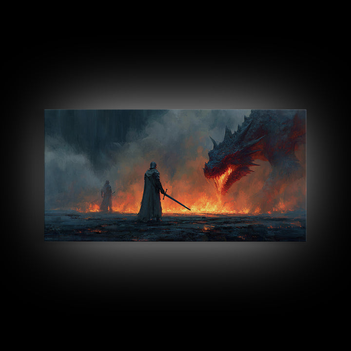 Cloaked Warrior Facing Blue Dragon Canvas Print, Moody Dark Fantasy Wall Art For Gamer Room Decor And Gothic Gift For Him