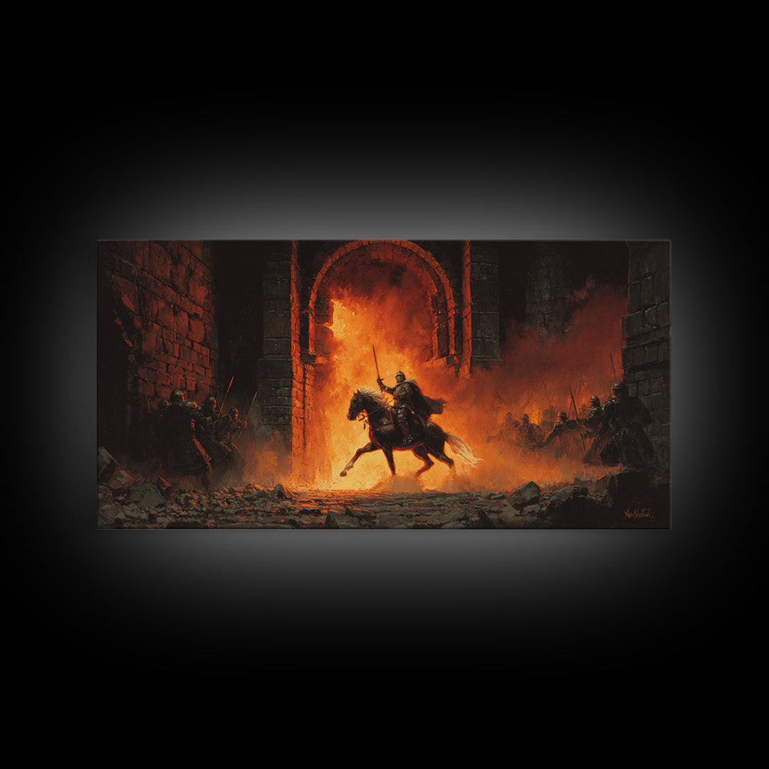 Mounted Knight Riding Through Fiery Gate Wall Art, Medieval Fantasy Canvas Print For Dark Castle Decor And Gamer Gift Idea