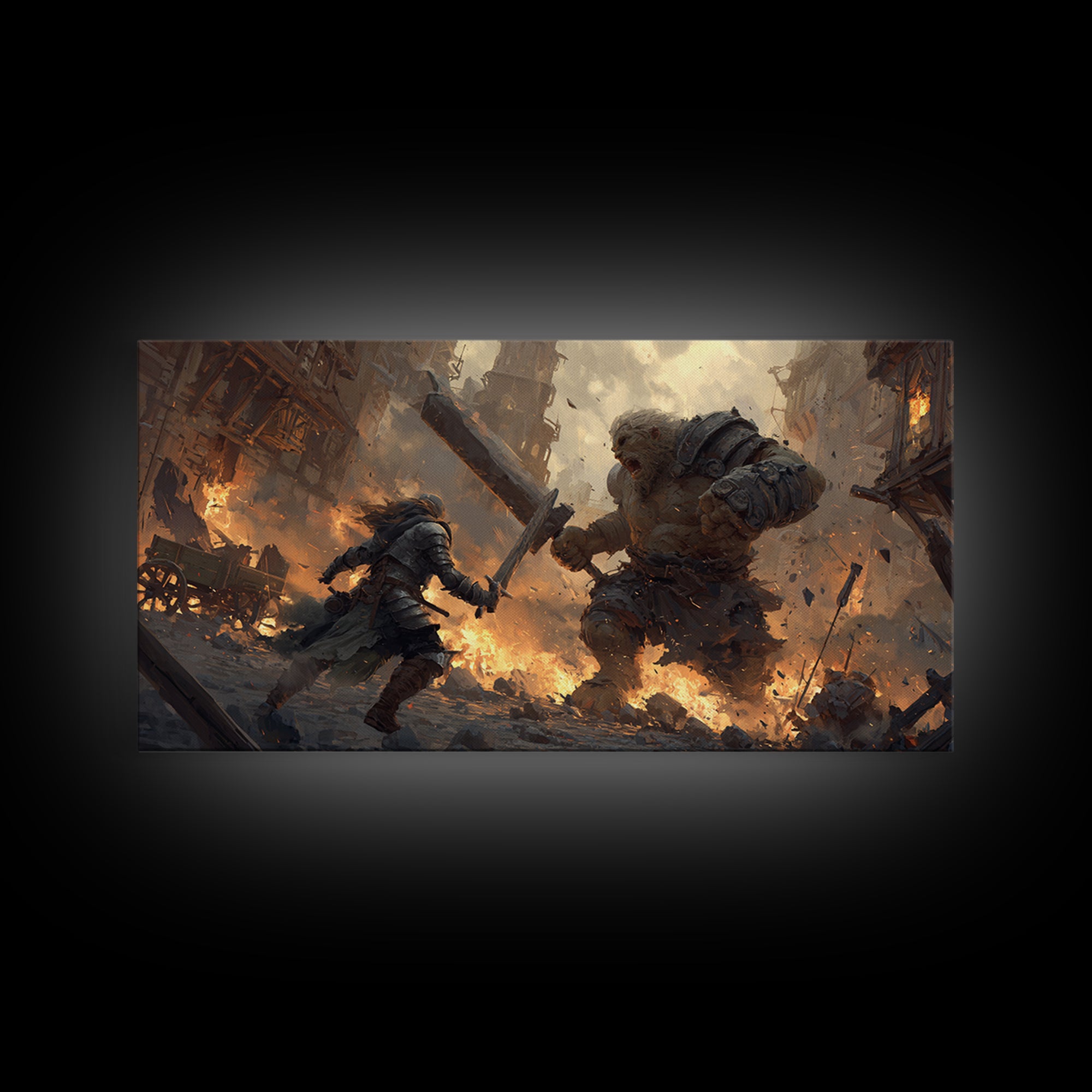 Armored Warrior Battling Giant Troll Canvas Print, Epic Fantasy Wall Art For Gaming Room Decor And Medieval Gift For Him