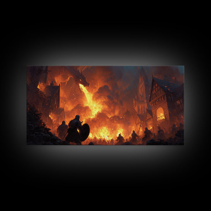 Dragon Burning Medieval Village Wall Art, Dark Fantasy Canvas Print For Gothic Castle Decor, Gamer Room, And Gift For Him
