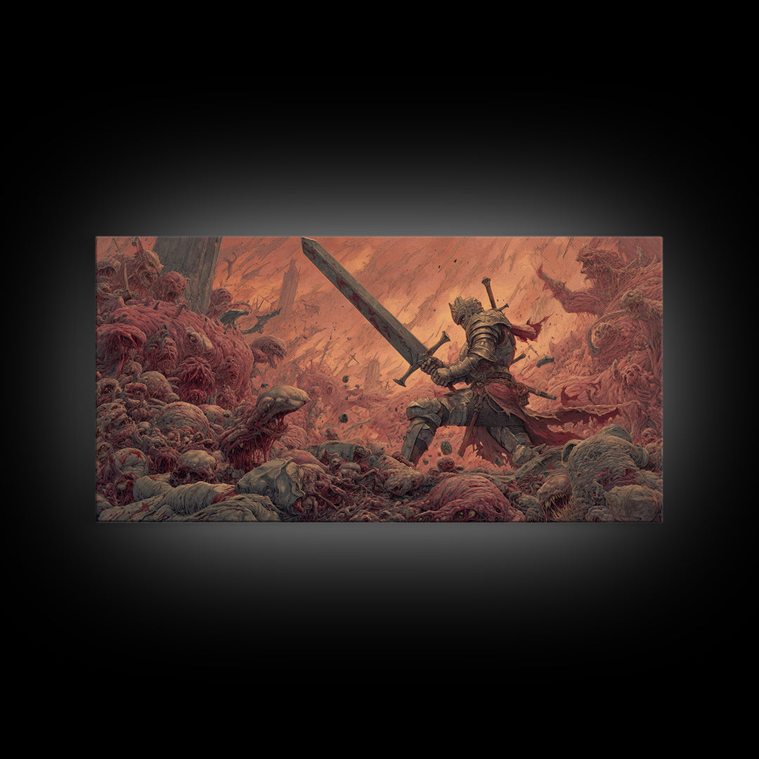 Armored Hero With Giant Sword Wall Art, Surreal Dark Fantasy Canvas Print For Monster Battle Decor And Gothic Gamer Gift