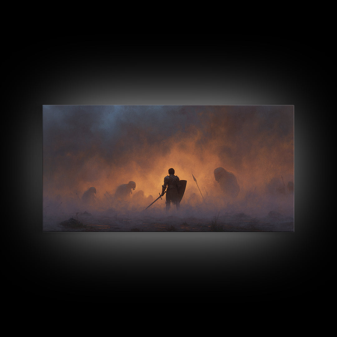 Lone Knight In Smoky Ember Battlefield Wall Art, Dark Fantasy Art, Medieval Warrior, Gothic Decor, Dramatic Canvas Print