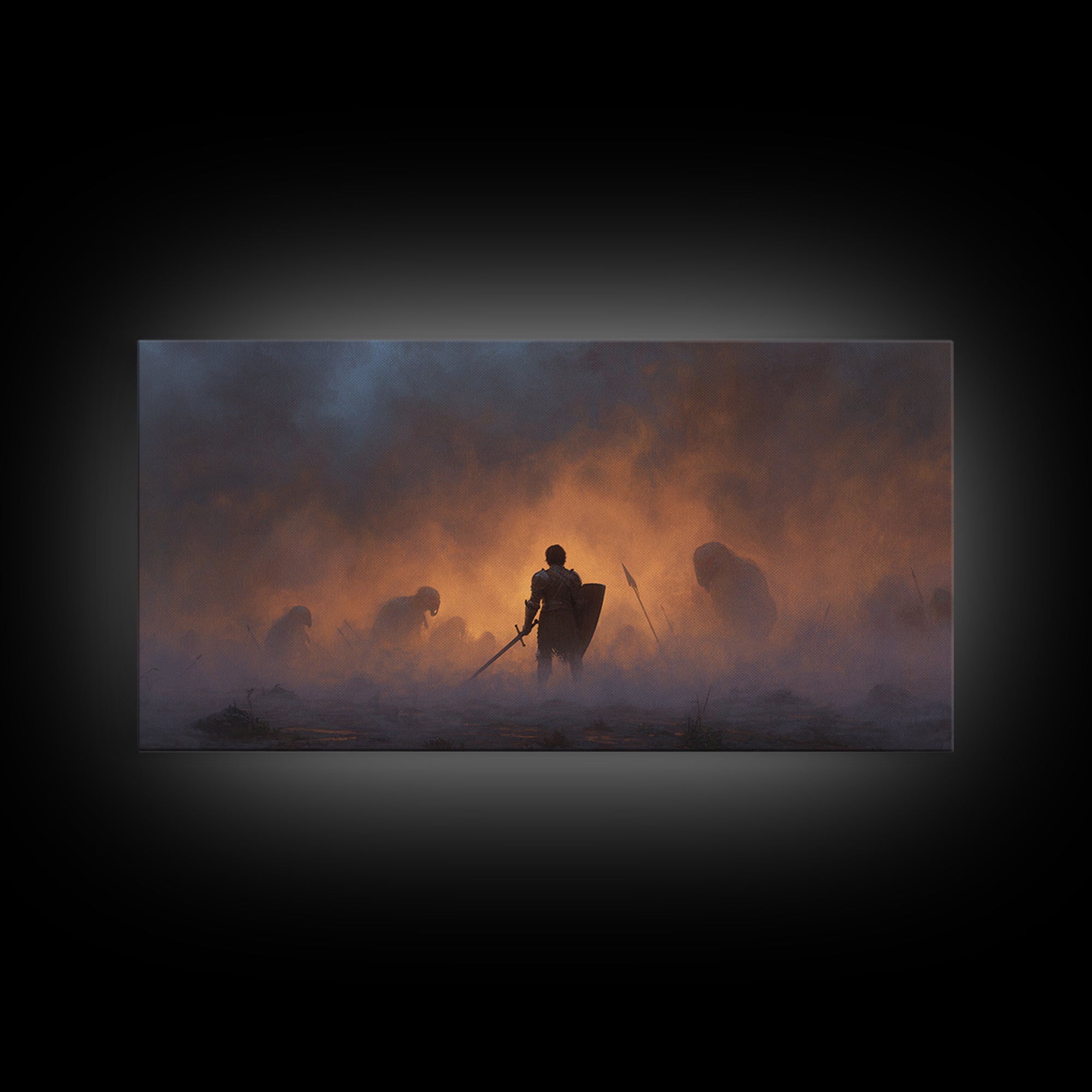 Lone Knight In Smoky Ember Battlefield Wall Art, Dark Fantasy Art, Medieval Warrior, Gothic Decor, Dramatic Canvas Print