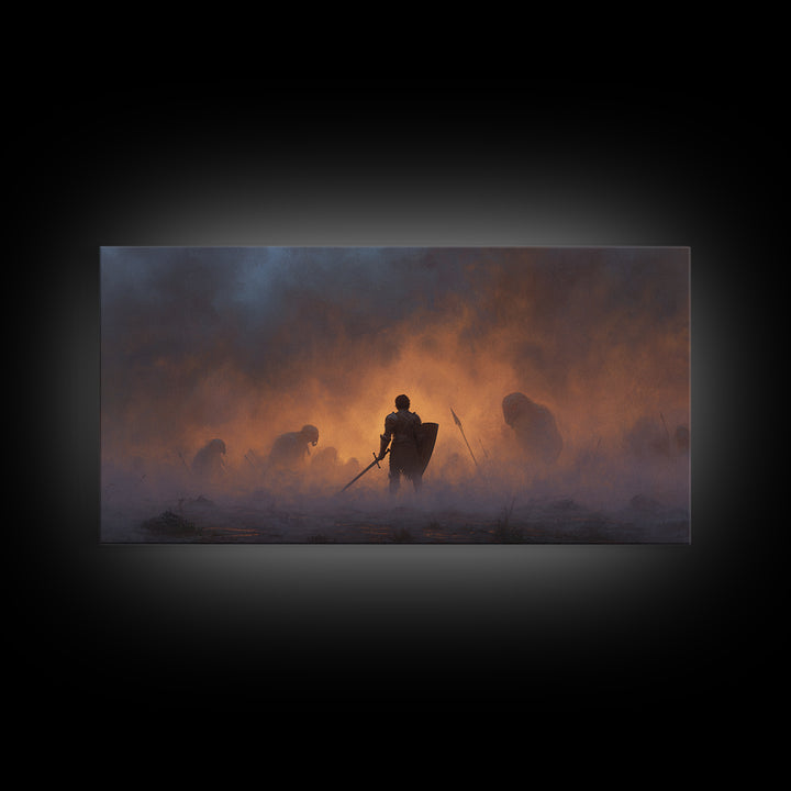 Lone Knight In Smoky Ember Battlefield Wall Art, Dark Fantasy Art, Medieval Warrior, Gothic Decor, Dramatic Canvas Print