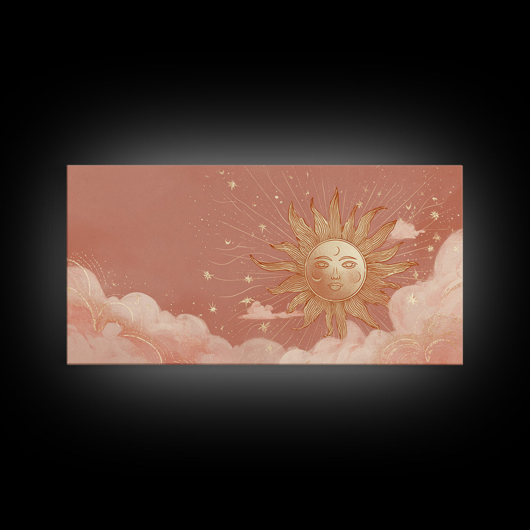 Peach Boho Sun Face In Cloudy Sky Wall Art, Celestial Art Print, Nursery Wall Decor, Whimsical Kids Room Decor Gift For Her