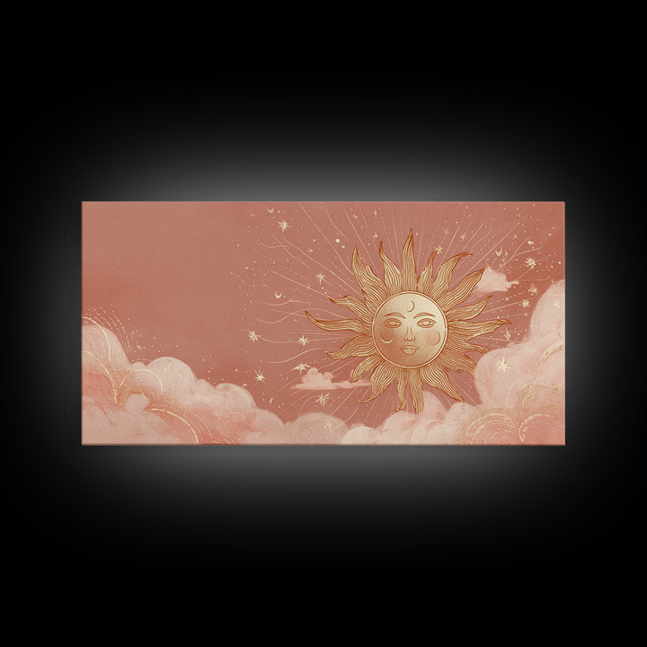 Peach Boho Sun Face In Cloudy Sky Wall Art, Celestial Art Print, Nursery Wall Decor, Whimsical Kids Room Decor Gift For Her