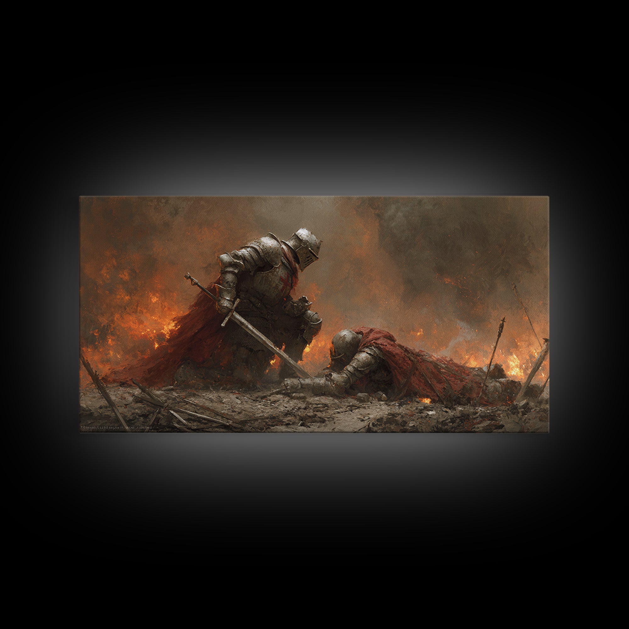 Armored Knight Lifting Fallen Warrior Framed Canvas Print, Dark Fantasy Art, Medieval Battle, Gothic Wall Decor, Gift For Him