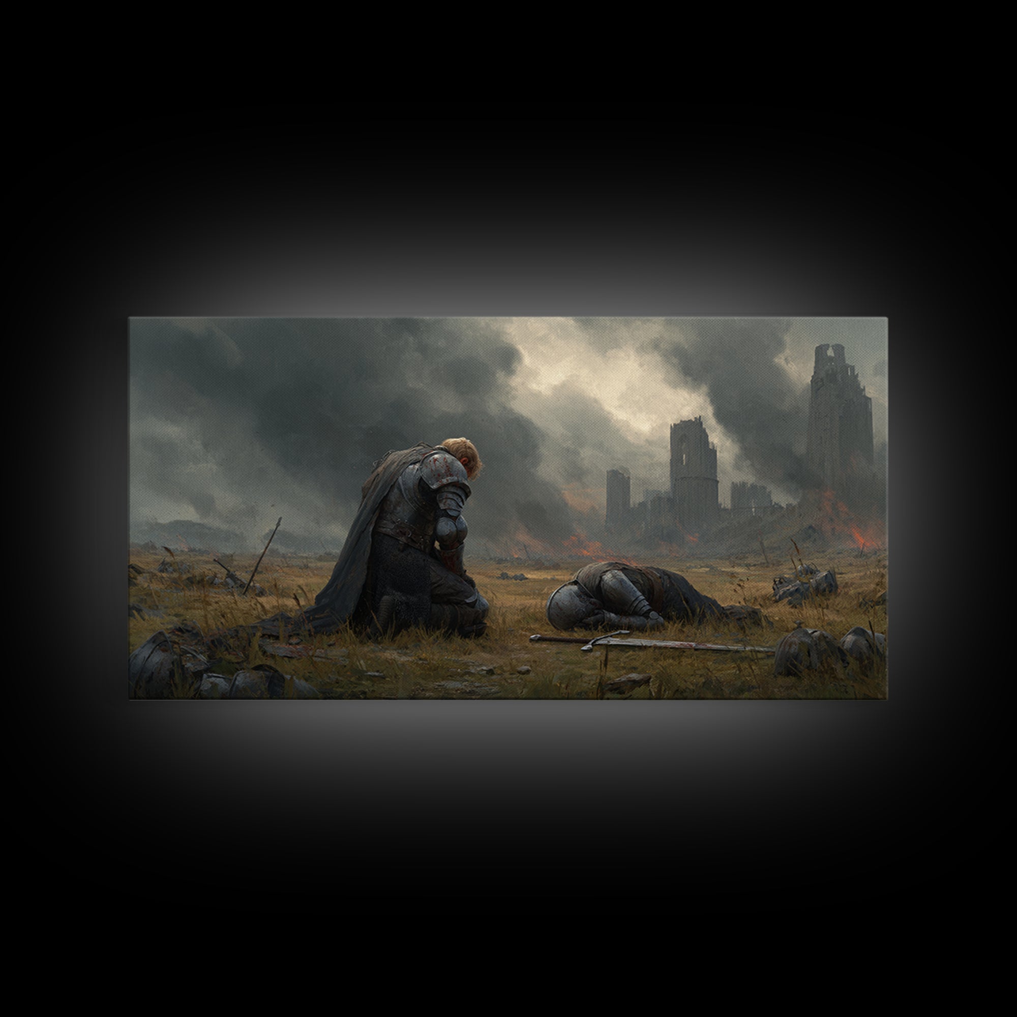 Kneeling Knight Beside Fallen Comrade Wall Art, Dark Fantasy Landscape, Medieval Ruins, Moody Wall Decor, Large Canvas Print