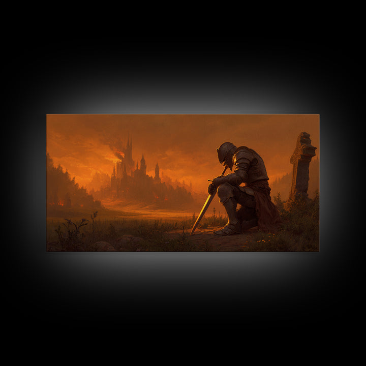 Kneeling Knight Before Burning Castle Canvas Print, Dark Fantasy Art, Medieval Landscape, Gothic Wall Decor, Office Decor