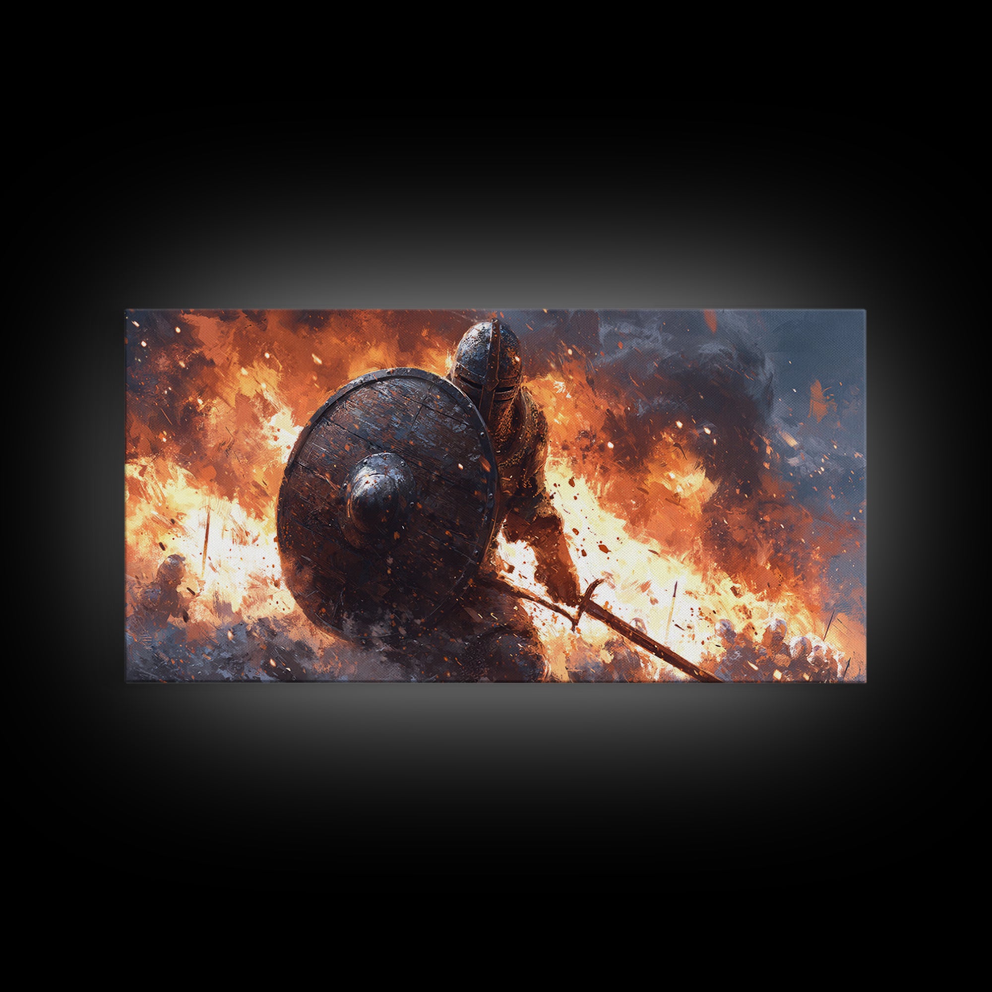 Shielded Knight Charging Through Fire Wall Art, Dark Fantasy Warrior, Medieval Battle, Gothic Home Decor, Statement Canvas Print