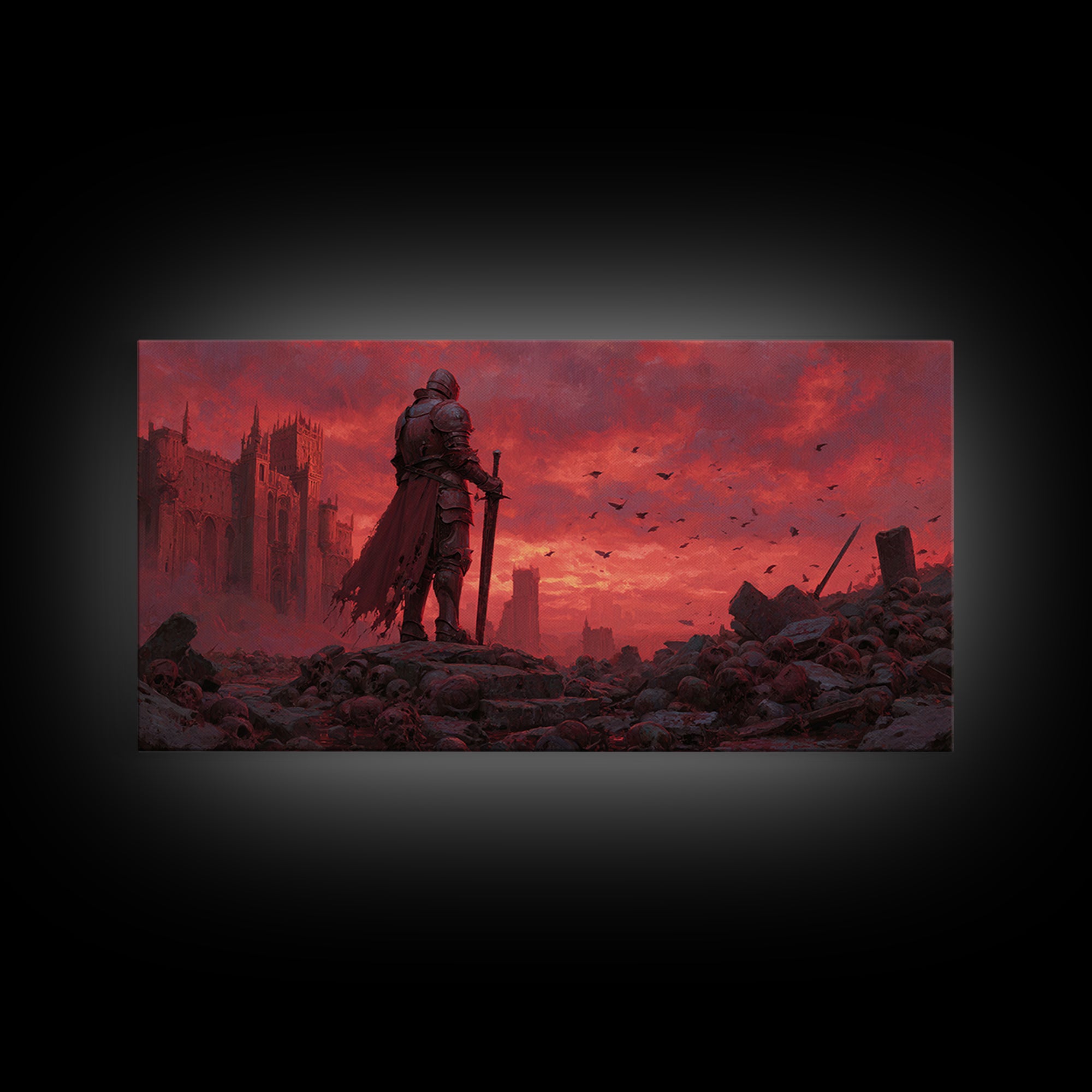 Knight Standing Among Skulls At Red Ruins Wall Art, Dark Fantasy Art, Gothic Decor, Medieval Warrior, Dramatic Canvas Print