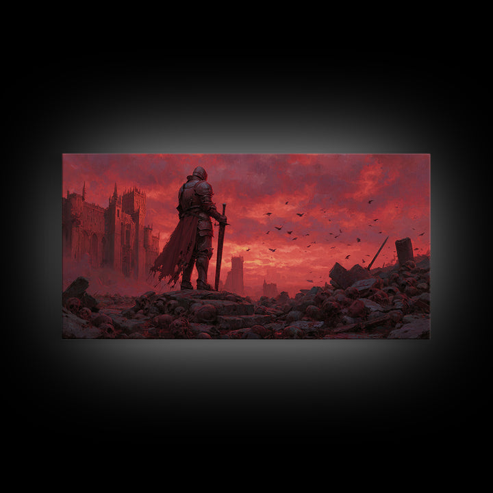 Knight Standing Among Skulls At Red Ruins Wall Art, Dark Fantasy Art, Gothic Decor, Medieval Warrior, Dramatic Canvas Print