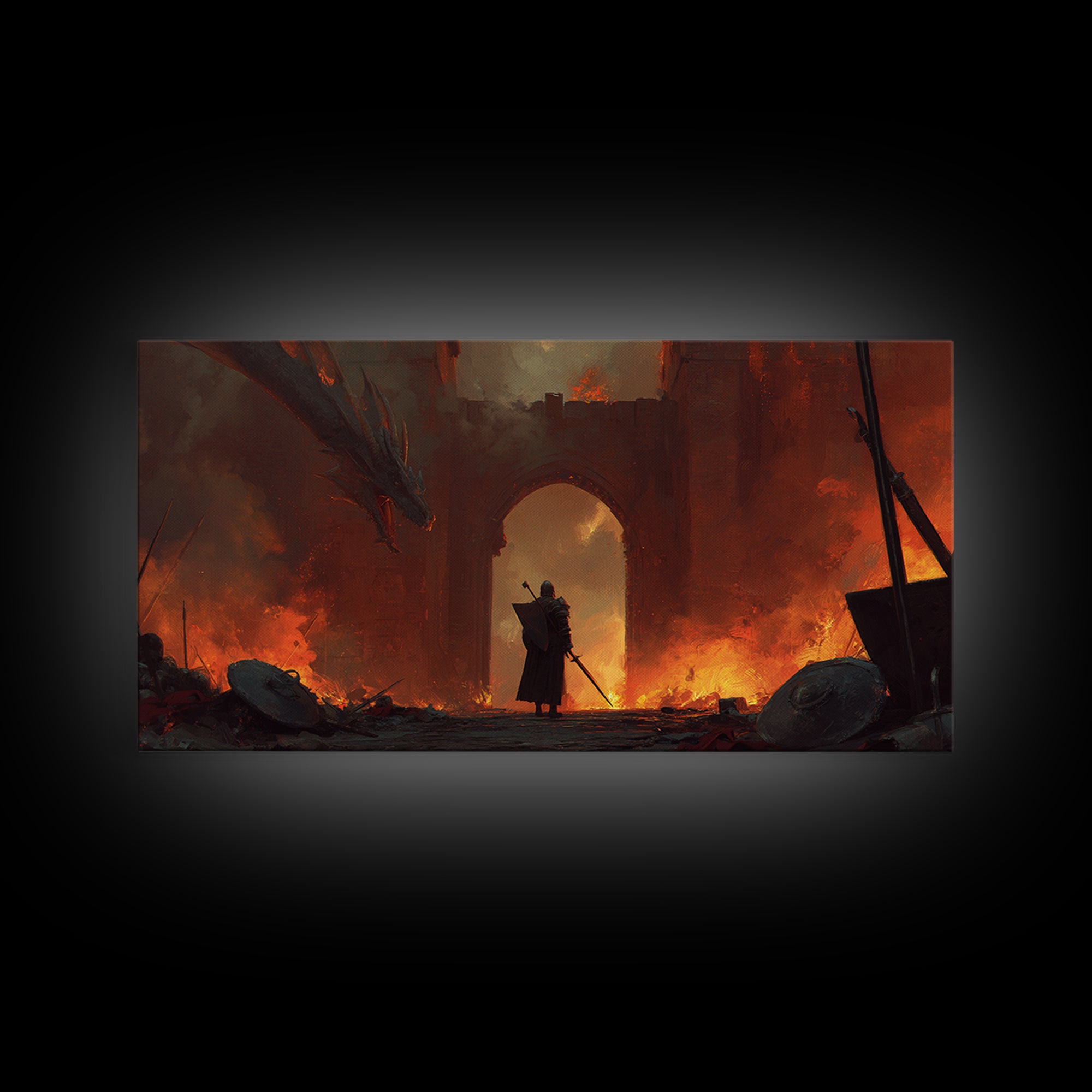 Knight Facing Dragon At Burning Gate Framed Canvas Print, Dark Fantasy Art, Medieval Castle, Gothic Wall Decor, Epic Gift