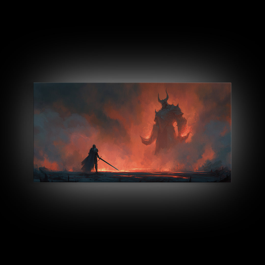 Lone Knight Facing Fire Demon Wall Art, Dark Fantasy Art, Surreal Gothic Decor, Medieval Warrior, Epic Statement Canvas Print