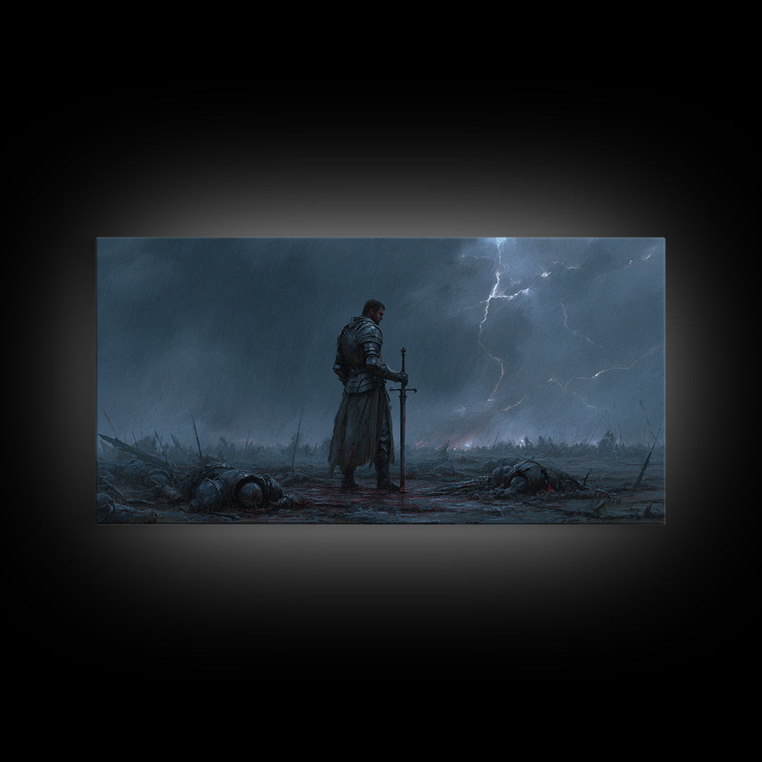 Storm Worn Knight In Rainy Battlefield Wall Art, Dark Fantasy Landscape, Medieval Warrior, Moody Gothic Decor, Canvas Print