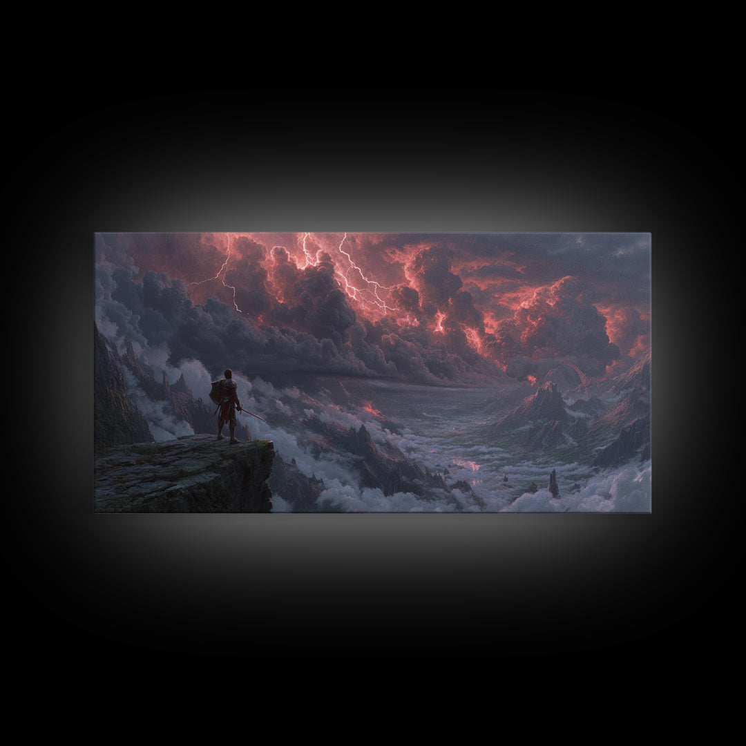 Knight On Mountain Cliff Under Lightning Wall Art, Dark Fantasy Landscape, Epic Mountain Art, Gothic Decor, Canvas Print