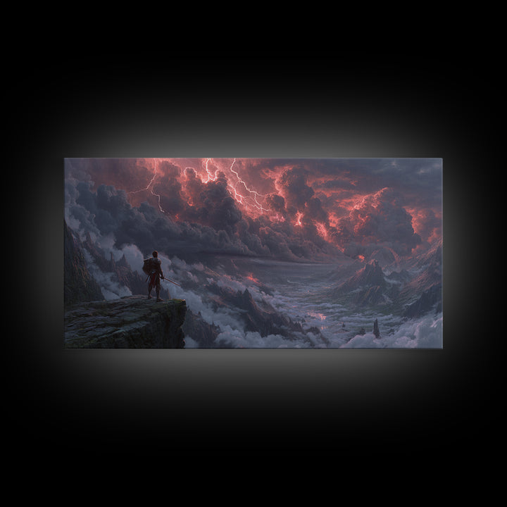 Knight On Mountain Cliff Under Lightning Wall Art, Dark Fantasy Landscape, Epic Mountain Art, Gothic Decor, Canvas Print