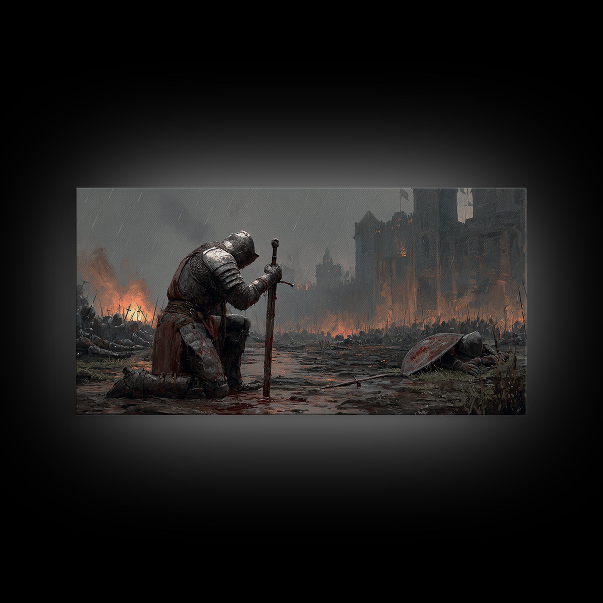 Kneeling Knight In Rainy Battlefield Framed Canvas Print, Dark Fantasy Wall Art, Medieval Castle Office Decor Gift For Him