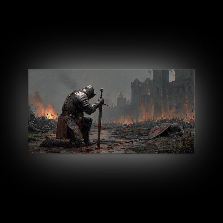 Kneeling Knight In Rainy Battlefield Framed Canvas Print, Dark Fantasy Wall Art, Medieval Castle Office Decor Gift For Him