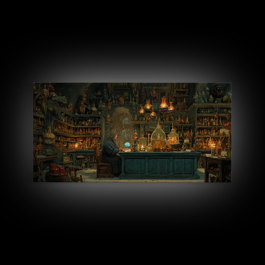 Wizard Alchemy Shop Canvas Print, Dark Academia Wall Art, Fantasy Library Decor, Gothic Apothecary Art Print For Living Room Home Decor