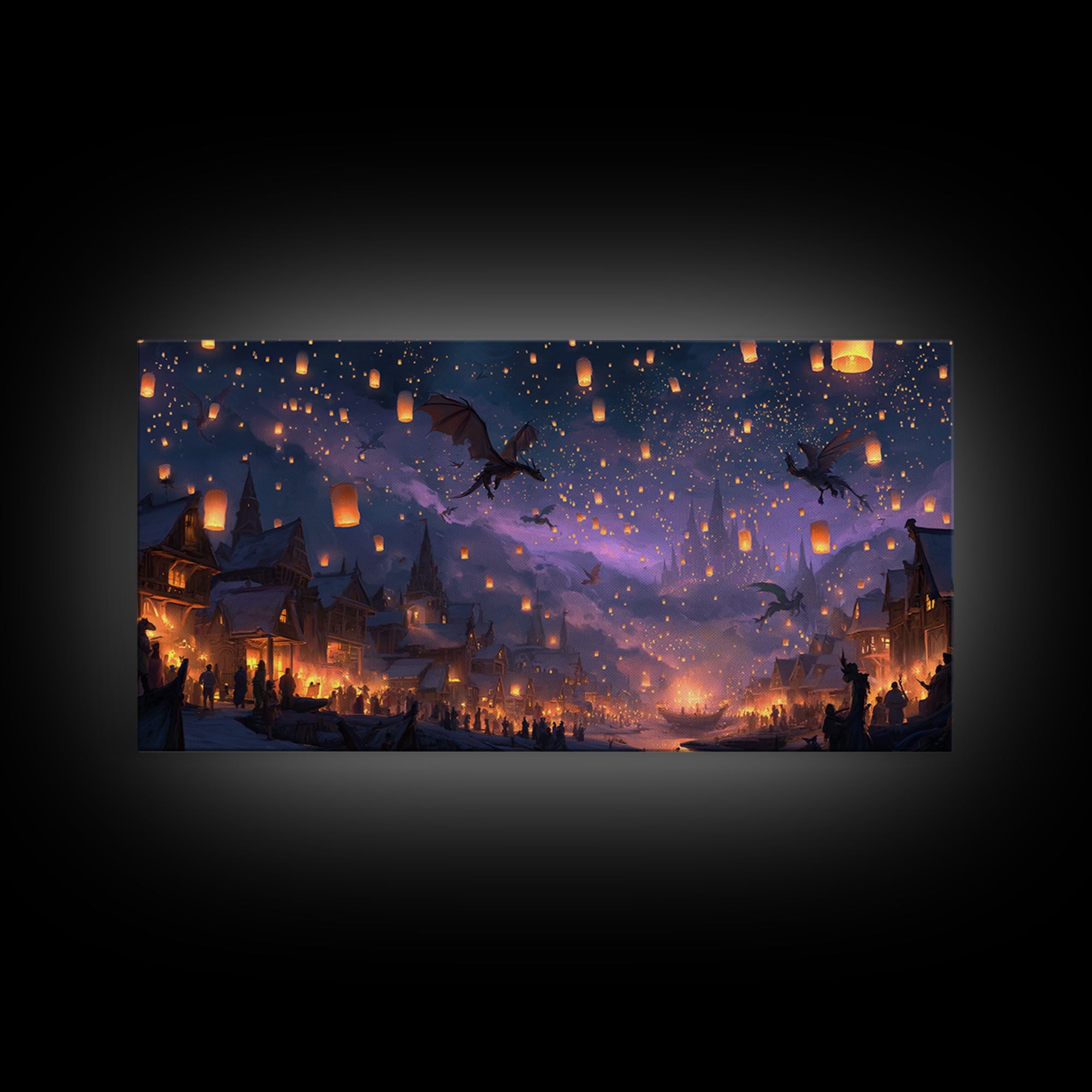 Dragon Lantern Festival Village Canvas Print, Fantasy Wall Art, Whimsical Night Sky Decor, Magical Kids Room Decor Gift Idea
