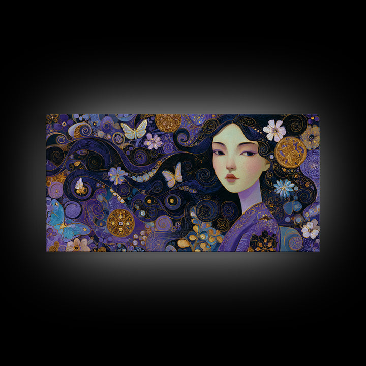 Purple Art Nouveau Woman Wall Art, Feminine Portrait Canvas Print, Butterfly Floral Decor, Gold Boho Gallery Wall Art Print