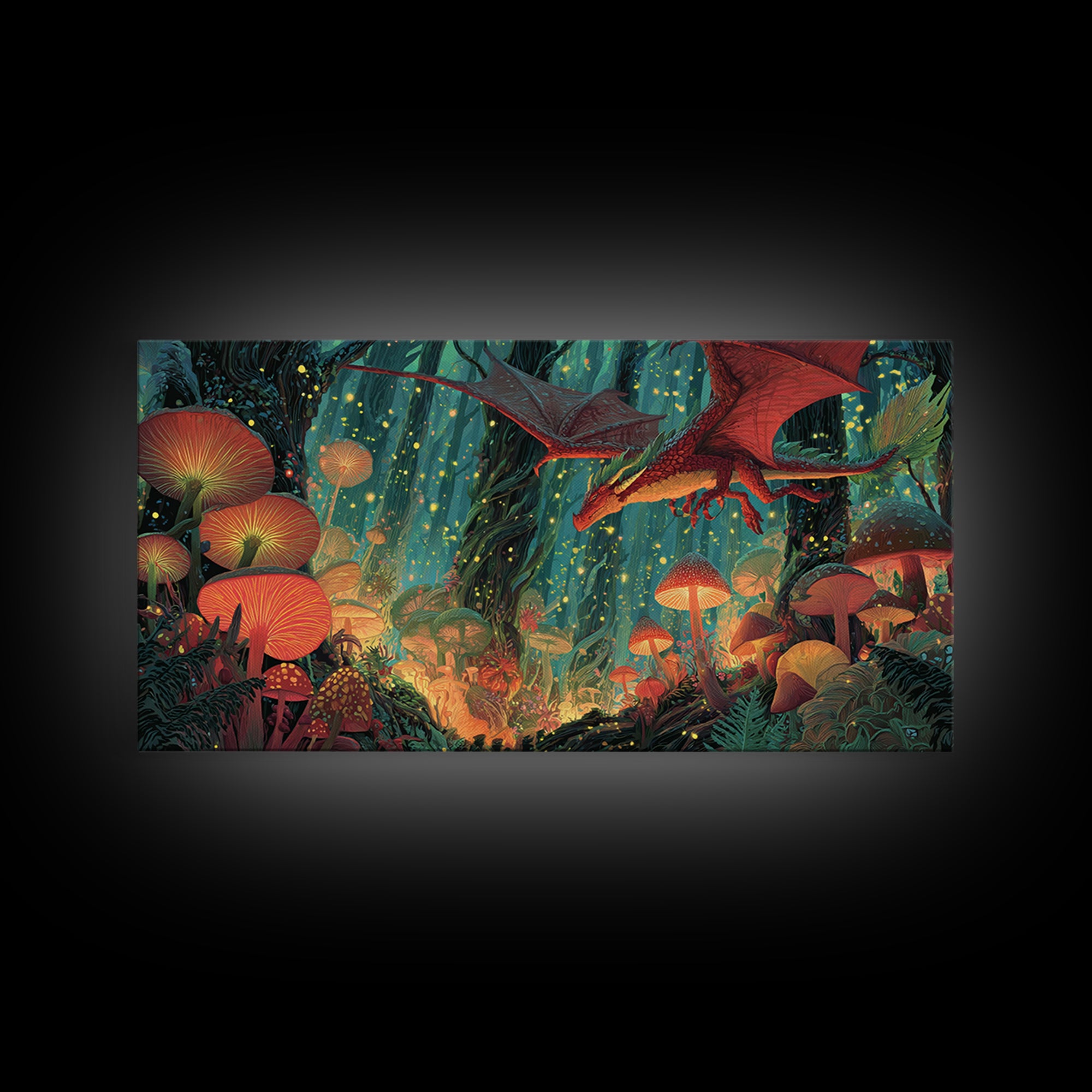Red Dragon Over Glowing Mushroom Forest Wall Art, Whimsical Fantasy Canvas Print, Enchanted Woodland Kids Room Decor Gift