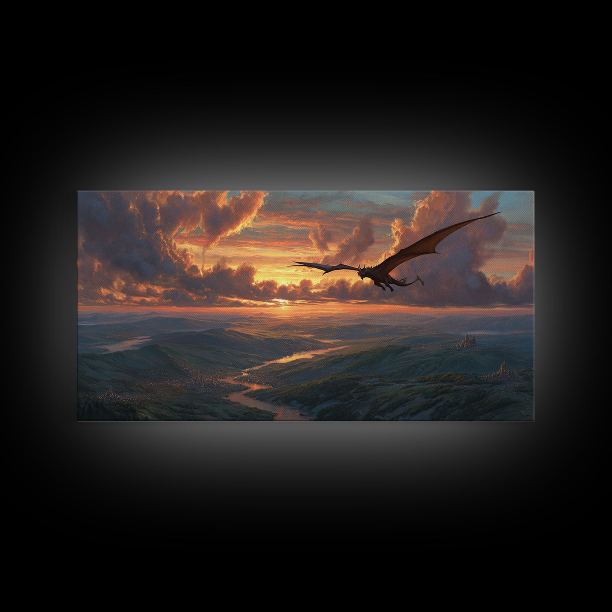 Dragon Flying Over Sunset Valley Wall Art, Epic Fantasy Canvas Print, Mountain Landscape Decor, Mythical Adventure Art Print