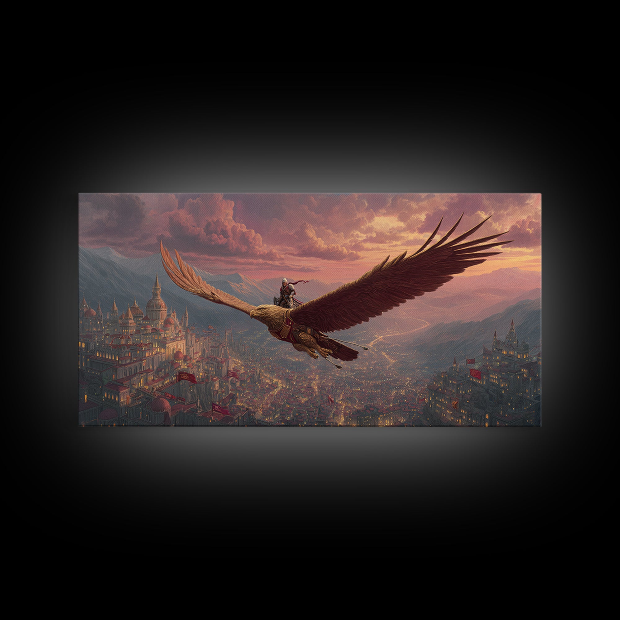 Epic Eagle Rider Over Kingdom Wall Art, Fantasy Canvas Print, Mythical Landscape Art For Gamer Room, Study, And Office Decor