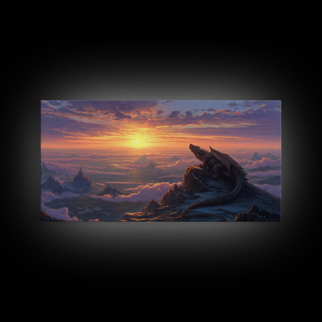 Sunset Dragon Mountain Kingdom Wall Art, Epic Fantasy Landscape Canvas, Medieval Castle Decor, Large Fantasy Art Print Gift