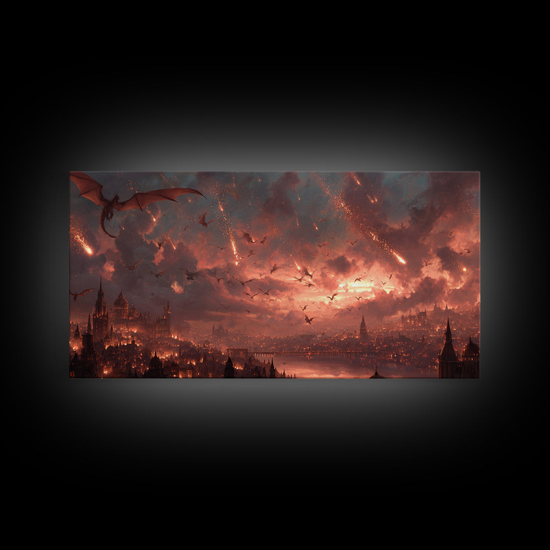 Dragon Siege Over Burning City Canvas Print, Dark Fantasy Wall Art, Gothic Medieval Decor, Epic Game Room Poster Gift For Gamer