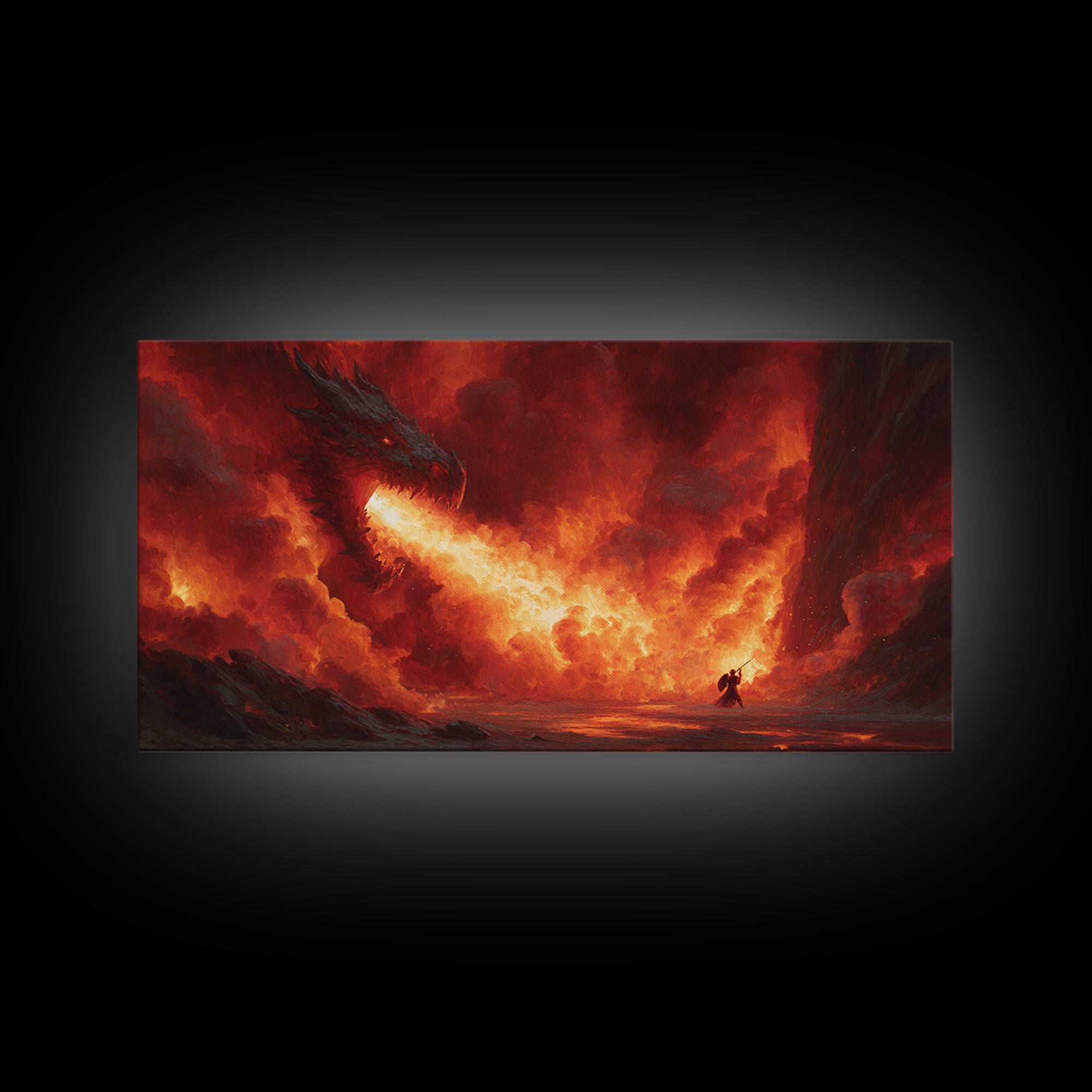 Fire Breathing Dragon In Volcanic Sky Canvas Print, Dark Fantasy Wall Art, Epic Dragon Art, Fantasy Decor, Gamer Room Decor, Large Artwork