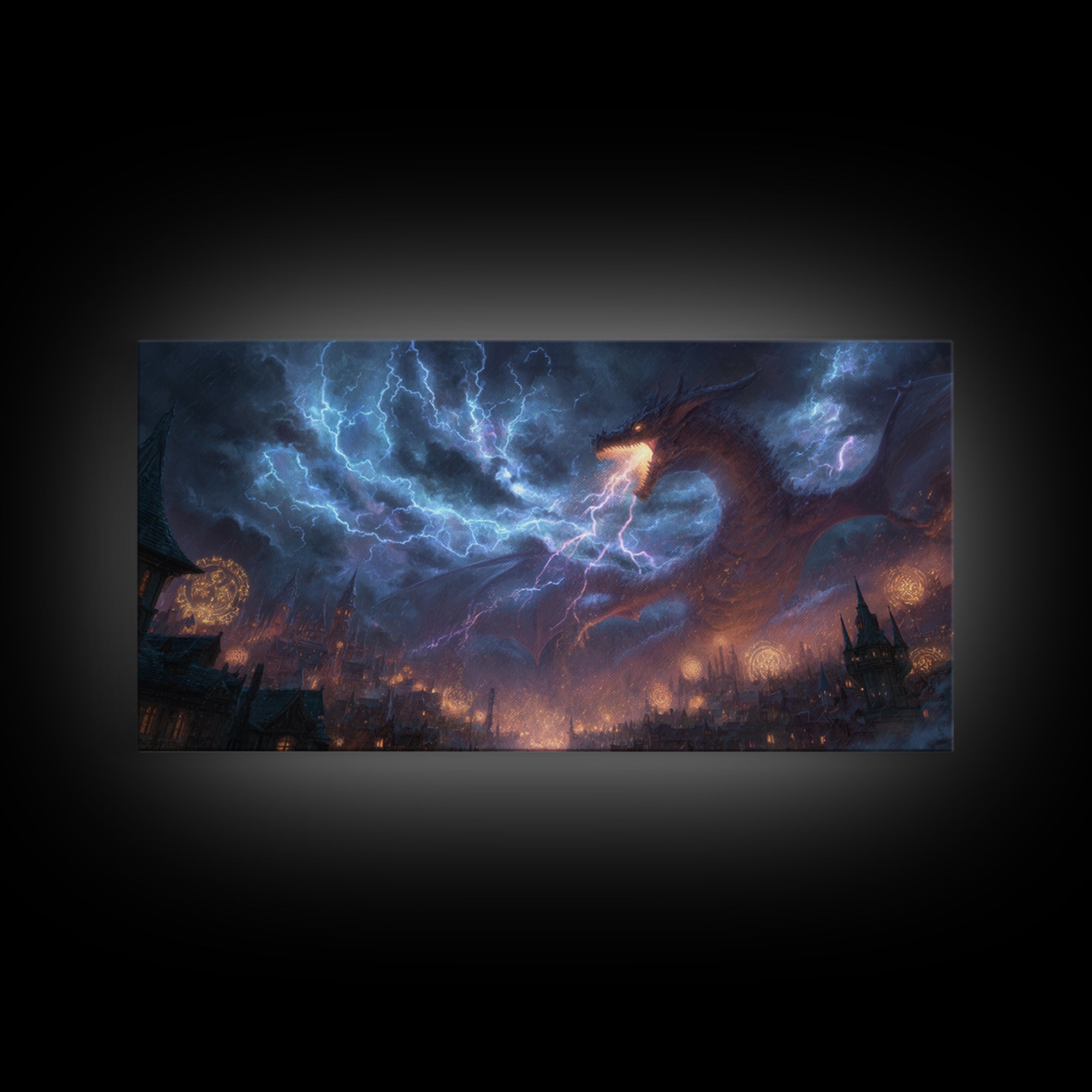 Lightning Dragon Over Gothic City Wall Art, Dark Fantasy Canvas, Stormy Castle Decor, Epic Dragon Print, Gamer Gift, Fantasy Decor